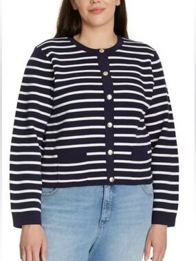 Nine West Women's striped cardigan, button-down, crew neckline, and pockets